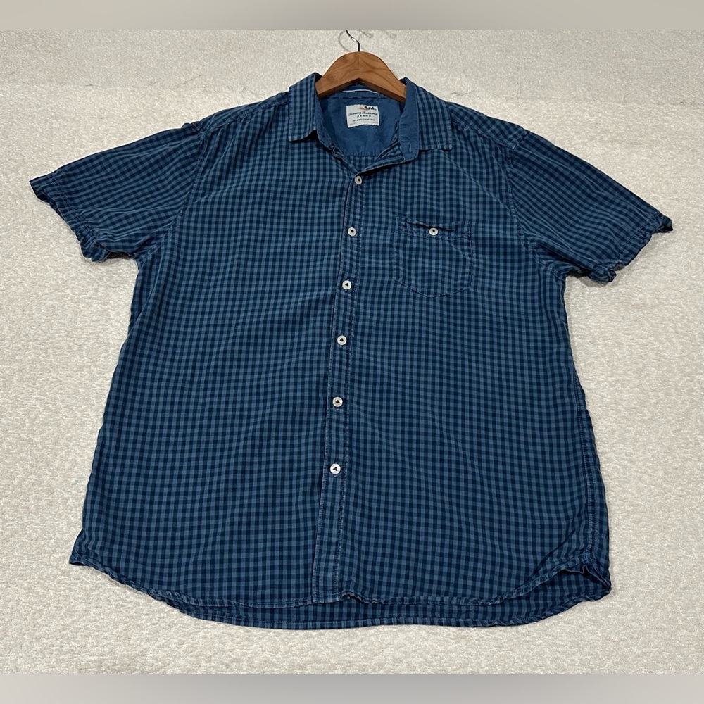 Tommy Bahama Short Sleeve Blue Checkered Button Down Shirt Men’s Size Large